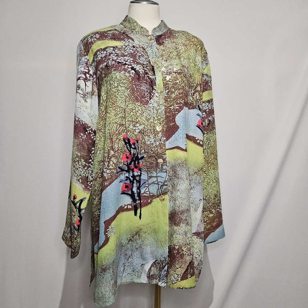 Citron Santa Monica Floral Landscape Long Sleeve Shirt  Sz XL